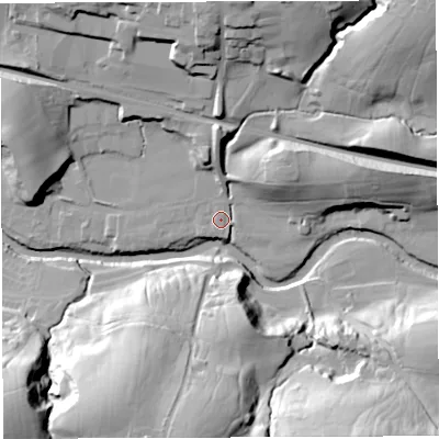 Shaded relief map of the ground around LA27LL, computed from Environment Agency LiDAR. The ground here sits at about 82 m above sea level and falls 43 m across the surrounding 800 m. Surface water reaching this point runs off ground lying to the north-east, 30.3 m higher.