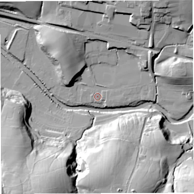 Shaded relief map of the ground around LA27LP, computed from Environment Agency LiDAR. The ground here sits at about 79 m above sea level and falls 46 m across the surrounding 800 m. Surface water reaching this point runs off ground lying to the east, 1.5 m higher.