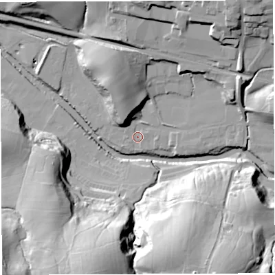 Shaded relief map of the ground around LA27LR, computed from Environment Agency LiDAR. The ground here sits at about 79 m above sea level and falls 46 m across the surrounding 800 m. Surface water reaching this point runs off ground lying to the north-east, 24.4 m higher.