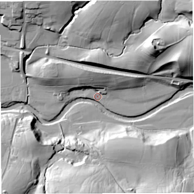 Shaded relief map of the ground around LA27LS, computed from Environment Agency LiDAR. The ground here sits at about 83 m above sea level and falls 44 m across the surrounding 800 m. Surface water reaching this point runs off ground lying to the east-north-east, 40.8 m higher.