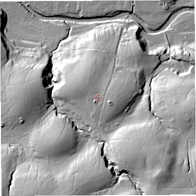 Shaded relief map of the ground around LA27LT, computed from Environment Agency LiDAR. The ground here sits at about 115 m above sea level and falls 65 m across the surrounding 800 m. Surface water reaching this point runs off ground lying to the east-south-east, 4.3 m higher.