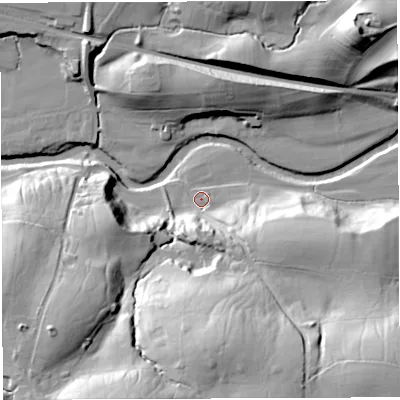 Shaded relief map of the ground around LA27LU, computed from Environment Agency LiDAR. The ground here sits at about 83 m above sea level and falls 51 m across the surrounding 800 m. Surface water reaching this point runs off ground lying to the south-south-east, 15.4 m higher.