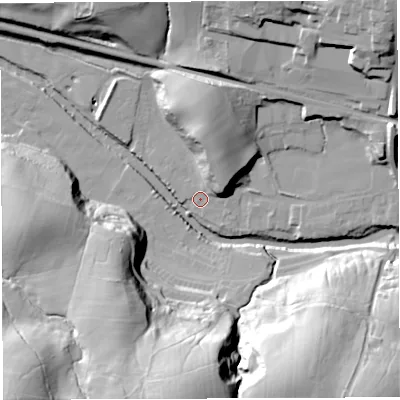 Shaded relief map of the ground around LA27LW, computed from Environment Agency LiDAR. The ground here sits at about 78 m above sea level and falls 45 m across the surrounding 800 m. Surface water reaching this point runs off ground lying to the north-east, 13.3 m higher.