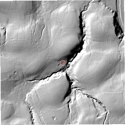 Shaded relief map of the ground around LA27LX, computed from Environment Agency LiDAR. The ground here sits at about 119 m above sea level and falls 66 m across the surrounding 800 m. Surface water reaching this point runs off ground lying to the west, 7.3 m higher.