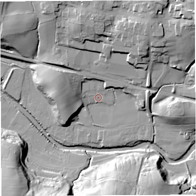 Shaded relief map of the ground around LA27NB, computed from Environment Agency LiDAR. The ground here sits at about 81 m above sea level and falls 40 m across the surrounding 800 m. Surface water reaching this point runs off ground lying to the west, 14.8 m higher.