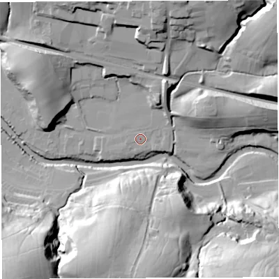 Shaded relief map of the ground around LA27ND, computed from Environment Agency LiDAR. The ground here sits at about 81 m above sea level and falls 43 m across the surrounding 800 m. Surface water reaching this point runs off ground lying to the north-east, 2.4 m higher.