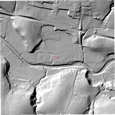 Shaded relief map of the ground around LA27NE, computed from Environment Agency LiDAR. The ground here sits at about 81 m above sea level and falls 45 m across the surrounding 800 m. Surface water reaching this point runs off ground lying to the north-east, 5.8 m higher.