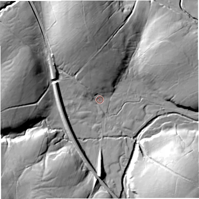 Shaded relief map of the ground around LA28AF, computed from Environment Agency LiDAR. The ground here sits at about 138 m above sea level and falls 40 m across the surrounding 800 m. Surface water reaching this point runs off ground lying to the north-north-west, 16.7 m higher.