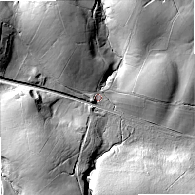 Shaded relief map of the ground around LA28AG, computed from Environment Agency LiDAR. The ground here sits at about 146 m above sea level and falls 45 m across the surrounding 800 m. Surface water reaching this point runs off ground lying to the south-west, 31.5 m higher.
