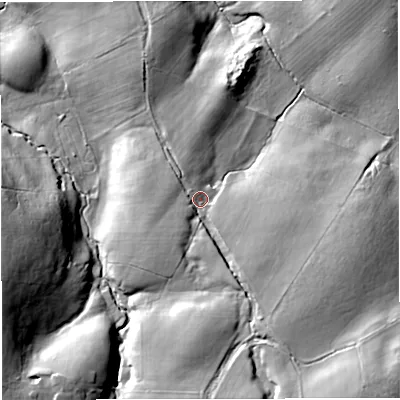 Shaded relief map of the ground around LA28AP, computed from Environment Agency LiDAR. The ground here sits at about 181 m above sea level and falls 44 m across the surrounding 800 m. Surface water reaching this point runs off ground lying to the south-south-east, 19.9 m higher.