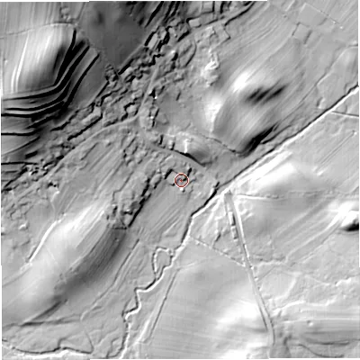 Shaded relief map of the ground around LA28BY, computed from Environment Agency LiDAR. The ground here sits at about 142 m above sea level and falls 48 m across the surrounding 800 m. Surface water reaching this point runs off ground lying to the north-north-west, 3.7 m higher.
