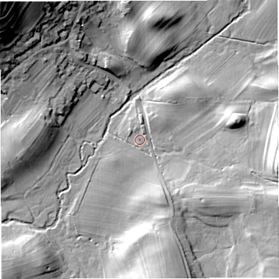 Shaded relief map of the ground around LA28DA, computed from Environment Agency LiDAR. The ground here sits at about 143 m above sea level and falls 46 m across the surrounding 800 m. Surface water reaching this point runs off ground lying to the east-south-east, 16.3 m higher.
