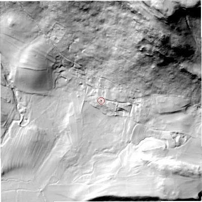 Shaded relief map of the ground around LA28DQ, computed from Environment Agency LiDAR. The ground here sits at about 181 m above sea level and falls 195 m across the surrounding 800 m. Surface water reaching this point runs off ground lying to the north-east, 134.4 m higher.