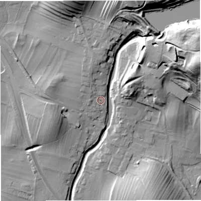Shaded relief map of the ground around LA28DR, computed from Environment Agency LiDAR. The ground here sits at about 157 m above sea level and falls 64 m across the surrounding 800 m. Surface water reaching this point runs off ground lying to the north-west, 3.3 m higher.