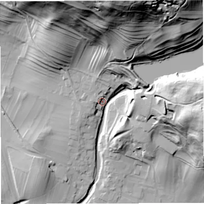 Shaded relief map of the ground around LA28DS, computed from Environment Agency LiDAR. The ground here sits at about 162 m above sea level and falls 93 m across the surrounding 800 m. Surface water reaching this point runs off ground lying to the north-north-east, 78.1 m higher.