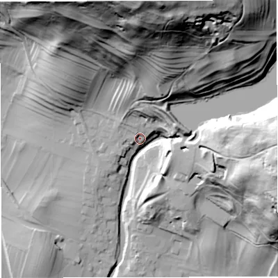Shaded relief map of the ground around LA28DT, computed from Environment Agency LiDAR. The ground here sits at about 164 m above sea level and falls 101 m across the surrounding 800 m. Surface water reaching this point runs off ground lying to the north-north-east, 69.6 m higher.