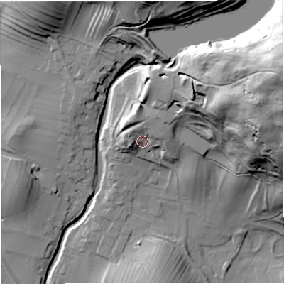 Shaded relief map of the ground around LA28EA, computed from Environment Agency LiDAR. The ground here sits at about 165 m above sea level and falls 81 m across the surrounding 800 m. Surface water reaching this point runs off ground lying to the north-east, 9.5 m higher.