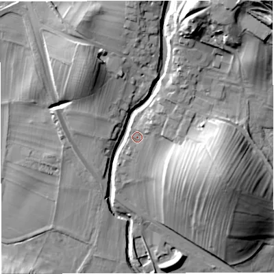 Shaded relief map of the ground around LA28EH, computed from Environment Agency LiDAR. The ground here sits at about 151 m above sea level and falls 50 m across the surrounding 800 m. Surface water reaching this point runs off ground lying to the north-east, 4.2 m higher.