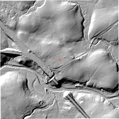 Shaded relief map of the ground around LA28ES, computed from Environment Agency LiDAR. The ground here sits at about 138 m above sea level and falls 23 m across the surrounding 800 m. Surface water reaching this point runs off ground lying to the west-north-west, 2.2 m higher.