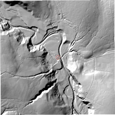 Shaded relief map of the ground around LA28EX, computed from Environment Agency LiDAR. The ground here sits at about 146 m above sea level and falls 64 m across the surrounding 800 m. Surface water reaching this point runs off ground lying to the south-west, 54.9 m higher.