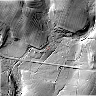 Shaded relief map of the ground around LA28HS, computed from Environment Agency LiDAR. The ground here sits at about 168 m above sea level and falls 52 m across the surrounding 800 m. Surface water reaching this point runs off ground lying to the north-north-west, 15.7 m higher.