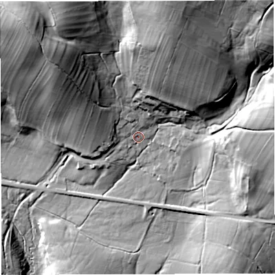 Shaded relief map of the ground around LA28HT, computed from Environment Agency LiDAR. The ground here sits at about 169 m above sea level and falls 57 m across the surrounding 800 m. Surface water reaching this point runs off ground lying to the north-north-east, 38.0 m higher.