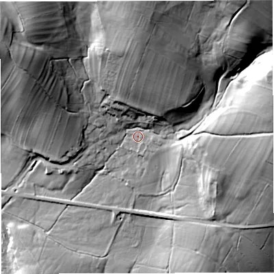 Shaded relief map of the ground around LA28HU, computed from Environment Agency LiDAR. The ground here sits at about 170 m above sea level and falls 58 m across the surrounding 800 m. Surface water reaching this point runs off ground lying to the north-east, 41.7 m higher.