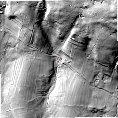 Shaded relief map of the ground around LA28HY, computed from Environment Agency LiDAR. The ground here sits at about 225 m above sea level and falls 134 m across the surrounding 800 m. Surface water reaching this point runs off ground lying to the north-east, 100.3 m higher.