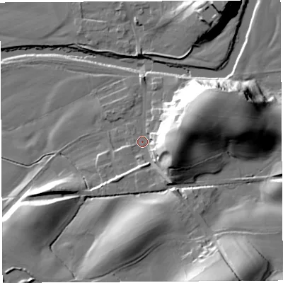 Shaded relief map of the ground around LA28JP, computed from Environment Agency LiDAR. The ground here sits at about 26 m above sea level and falls 33 m across the surrounding 800 m. Surface water reaching this point runs off ground lying to the east, 19.0 m higher.