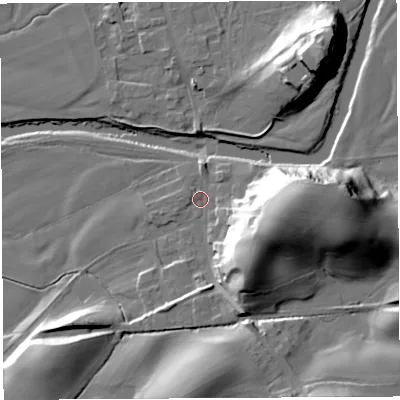 Shaded relief map of the ground around LA28JR, computed from Environment Agency LiDAR. The ground here sits at about 26 m above sea level and falls 33 m across the surrounding 800 m. Surface water reaching this point runs off ground lying to the east, 28.5 m higher.