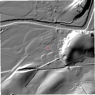 Shaded relief map of the ground around LA28JS, computed from Environment Agency LiDAR. The ground here sits at about 26 m above sea level and falls 34 m across the surrounding 800 m. Surface water reaching this point runs off ground lying to the east, 25.9 m higher.