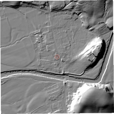 Shaded relief map of the ground around LA28JT, computed from Environment Agency LiDAR. The ground here sits at about 26 m above sea level and falls 34 m across the surrounding 800 m. Surface water reaching this point runs off ground lying to the east, 23.6 m higher.