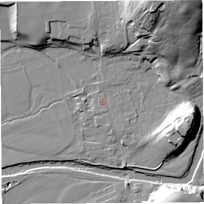 Shaded relief map of the ground around LA28JY, computed from Environment Agency LiDAR. The ground here sits at about 26 m above sea level and falls 50 m across the surrounding 800 m. Surface water reaching this point runs off ground lying to the north-east, 44.8 m higher.