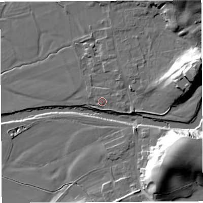 Shaded relief map of the ground around LA28JZ, computed from Environment Agency LiDAR. The ground here sits at about 25 m above sea level and falls 34 m across the surrounding 800 m. Surface water reaching this point runs off ground lying to the east-south-east, 2.0 m higher.