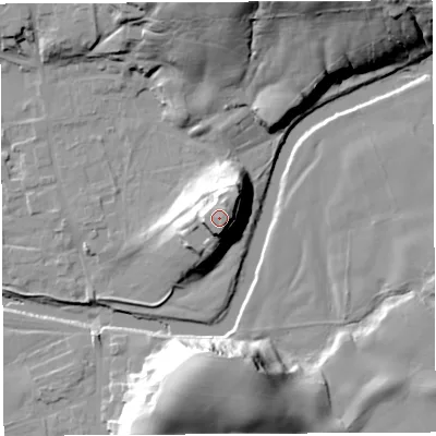 Shaded relief map of the ground around LA28LA, computed from Environment Agency LiDAR. The ground here sits at about 48 m above sea level and falls 34 m across the surrounding 800 m. Surface water reaching this point runs off ground lying to the east, 4.1 m higher.