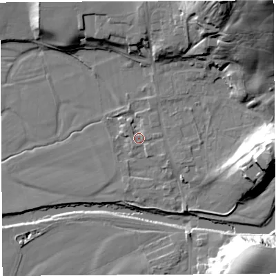 Shaded relief map of the ground around LA28LB, computed from Environment Agency LiDAR. The ground here sits at about 25 m above sea level and falls 44 m across the surrounding 800 m. Surface water reaching this point runs off ground lying to the north-east, 39.8 m higher.