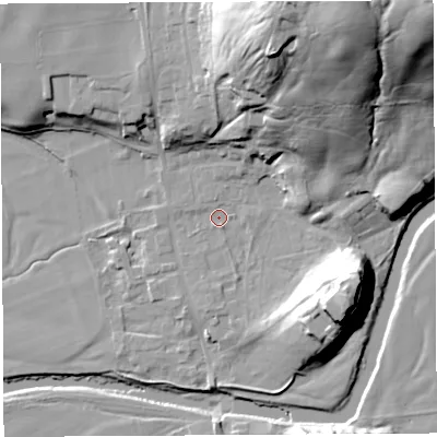 Shaded relief map of the ground around LA28LD, computed from Environment Agency LiDAR. The ground here sits at about 26 m above sea level and falls 57 m across the surrounding 800 m. Surface water reaching this point runs off ground lying to the north-east, 52.5 m higher.