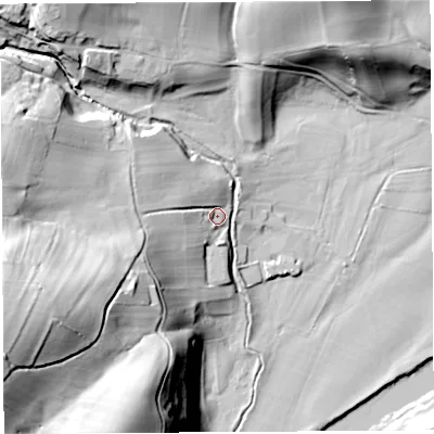 Shaded relief map of the ground around LA28LN, computed from Environment Agency LiDAR. The ground here sits at about 27 m above sea level and falls 58 m across the surrounding 800 m. Surface water reaching this point runs off ground lying to the west-south-west, 51.0 m higher.