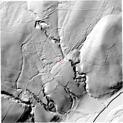 Shaded relief map of the ground around LA28LU, computed from Environment Agency LiDAR. The ground here sits at about 77 m above sea level and falls 118 m across the surrounding 800 m. Surface water reaching this point runs off ground lying to the north-west, 49.2 m higher.
