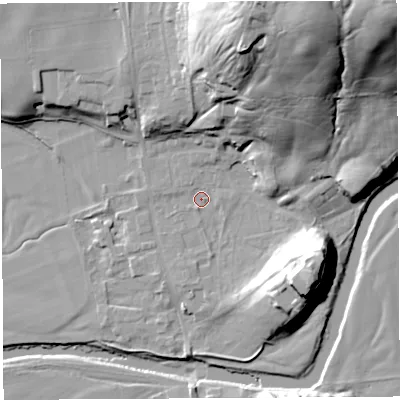 Shaded relief map of the ground around LA28LZ, computed from Environment Agency LiDAR. The ground here sits at about 26 m above sea level and falls 58 m across the surrounding 800 m. Surface water reaching this point runs off ground lying to the north-east, 52.7 m higher.
