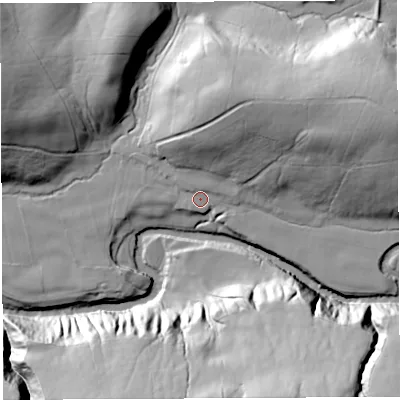 Shaded relief map of the ground around LA28NF, computed from Environment Agency LiDAR. The ground here sits at about 66 m above sea level and falls 63 m across the surrounding 800 m. Surface water reaching this point runs off ground lying to the north-north-east, 28.8 m higher.
