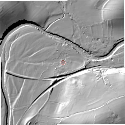 Shaded relief map of the ground around LA28NN, computed from Environment Agency LiDAR. The ground here sits at about 45 m above sea level and falls 47 m across the surrounding 800 m. Surface water reaching this point runs off ground lying to the south, 2.1 m higher.