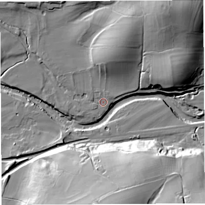 Shaded relief map of the ground around LA28NU, computed from Environment Agency LiDAR. The ground here sits at about 46 m above sea level and falls 42 m across the surrounding 800 m. Surface water reaching this point runs off ground lying to the north-east, 2.0 m higher.