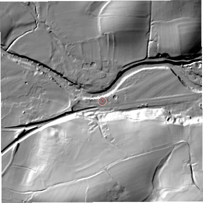Shaded relief map of the ground around LA28PB, computed from Environment Agency LiDAR. The ground here sits at about 46 m above sea level and falls 57 m across the surrounding 800 m. Surface water reaching this point runs off ground lying to the south-east, 50.6 m higher.