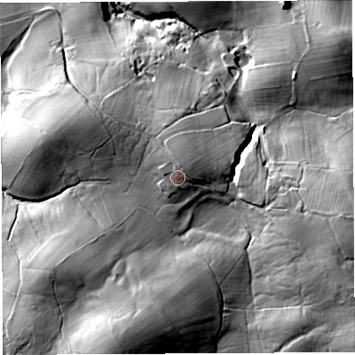 Shaded relief map of the ground around LA28PE, computed from Environment Agency LiDAR. The ground here sits at about 96 m above sea level and falls 58 m across the surrounding 800 m. Surface water reaching this point runs off ground lying to the north-north-east, 1.8 m higher.