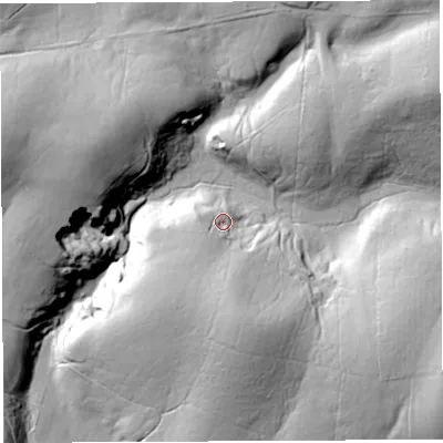 Shaded relief map of the ground around LA28PG, computed from Environment Agency LiDAR. The ground here sits at about 92 m above sea level and falls 48 m across the surrounding 800 m. Surface water reaching this point runs off ground lying to the south-south-west, 18.8 m higher.