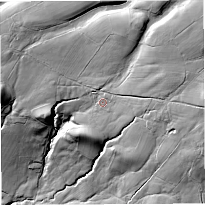 Shaded relief map of the ground around LA28PS, computed from Environment Agency LiDAR. The ground here sits at about 194 m above sea level and falls 84 m across the surrounding 800 m. Surface water reaching this point runs off ground lying to the east, 9.2 m higher.