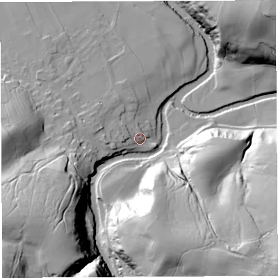 Shaded relief map of the ground around LA28QB, computed from Environment Agency LiDAR. The ground here sits at about 49 m above sea level and falls 55 m across the surrounding 800 m. Surface water reaching this point runs off ground lying to the west, 7.6 m higher.