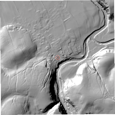 Shaded relief map of the ground around LA28QD, computed from Environment Agency LiDAR. The ground here sits at about 54 m above sea level and falls 58 m across the surrounding 800 m. Surface water reaching this point runs off ground lying to the south-west, 35.2 m higher.
