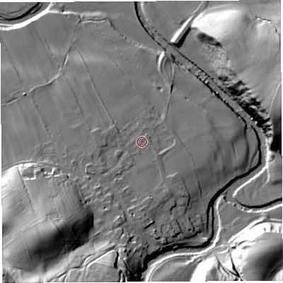 Shaded relief map of the ground around LA28QH, computed from Environment Agency LiDAR. The ground here sits at about 50 m above sea level and falls 46 m across the surrounding 800 m. Surface water reaching this point runs off ground lying to the south-south-west, 9.5 m higher.